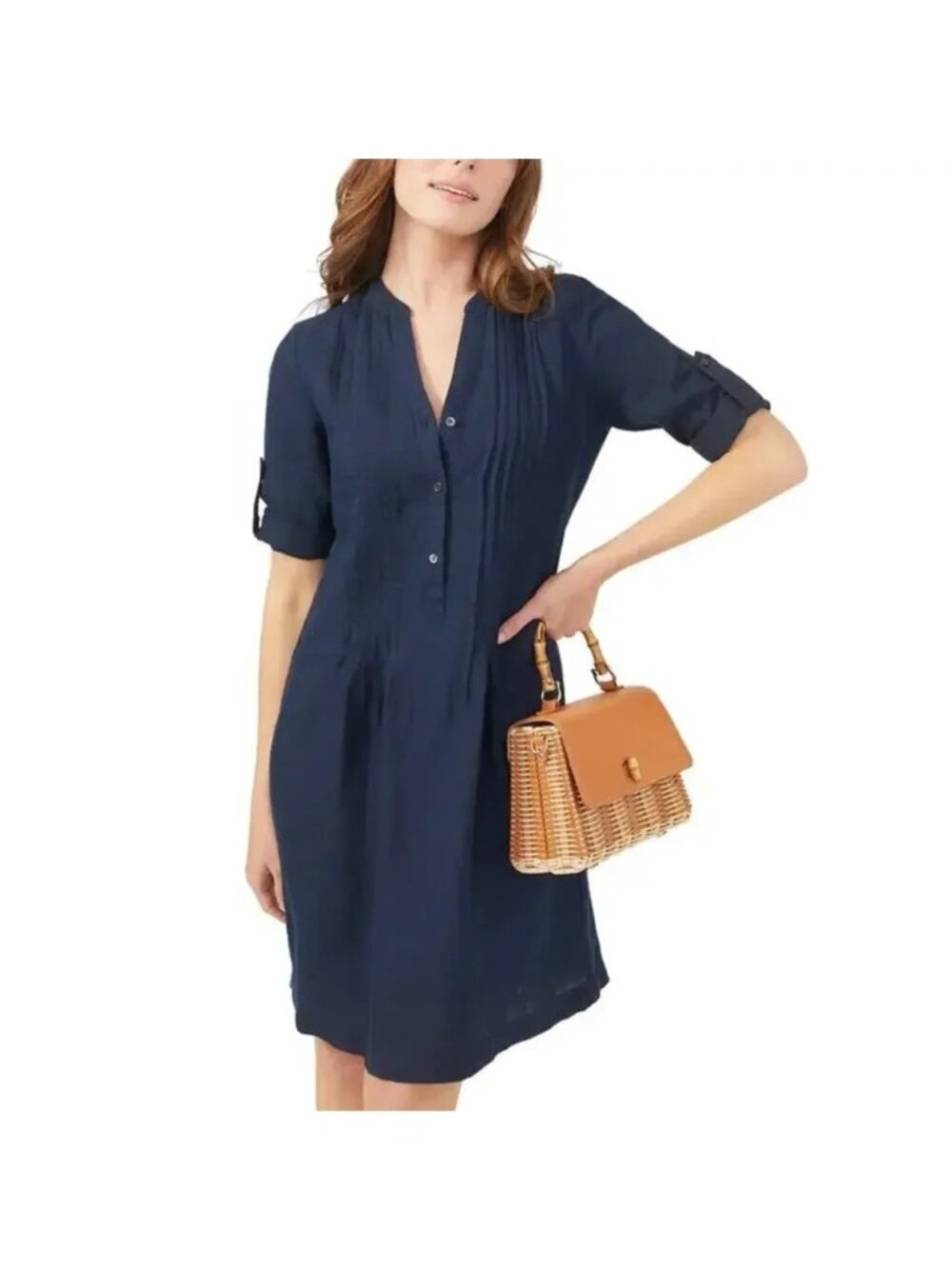 J. McLaughlin Riviera Linen Dress Sz XL Roll-Tab Sleeves Pleated Navy NWOT